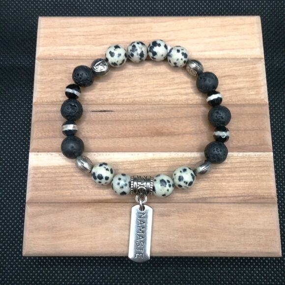 Dalmatian Jasper Beaded Bracelet Handmade Black Lava Stones Tibetan Silver Charm - Picture 9 of 10